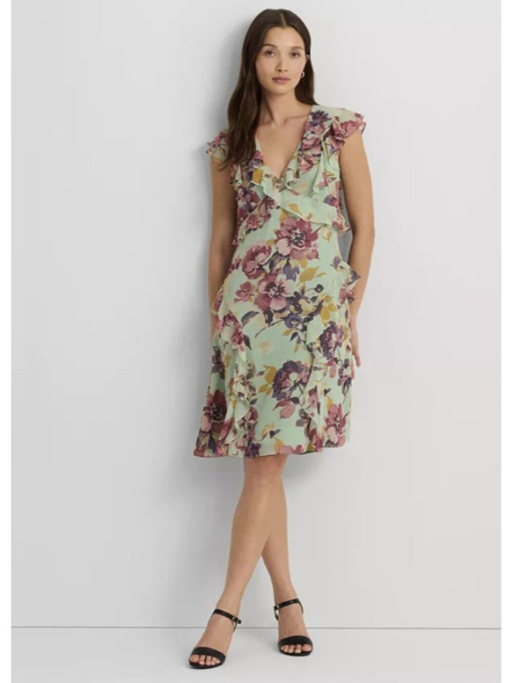 Lauren Ralph Lauren Floral Ruffle Trim Georgette Dress Green ( 8 )